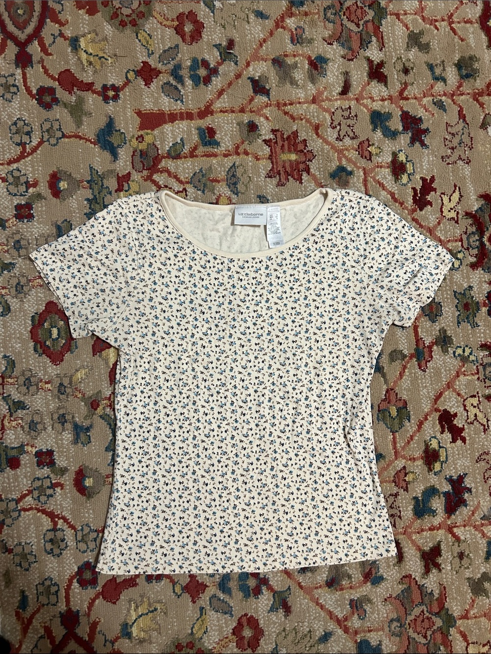 Liz Claiborne Cream Floral Short-Sleeve Ribbed Tee